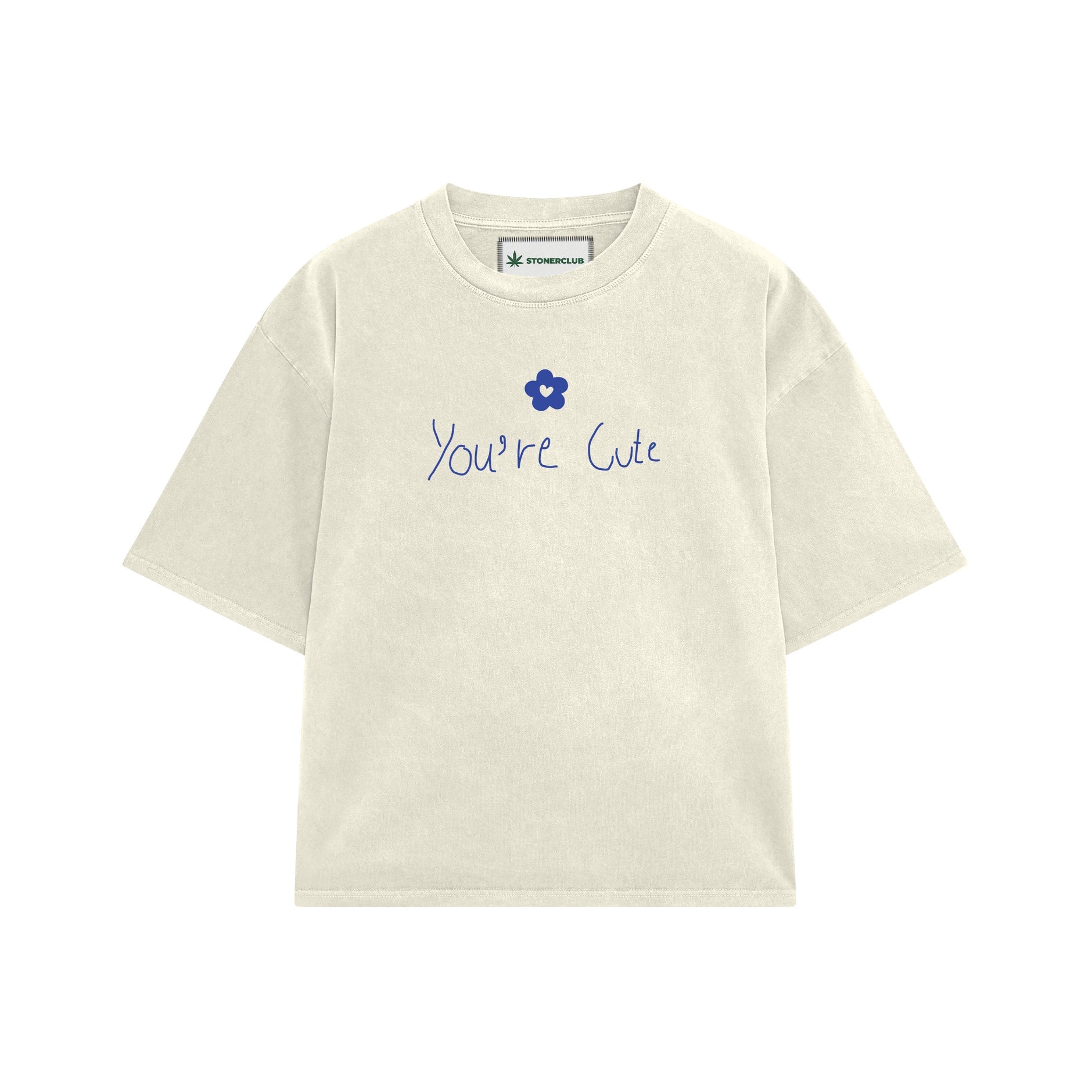 White with blue font